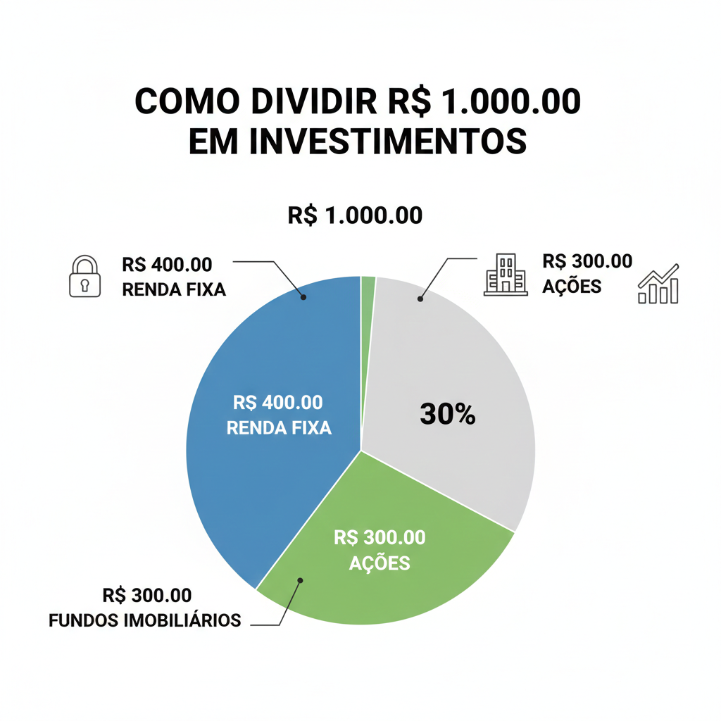 Infográfico mostrando como investir 1000 reais em renda fixa, fundos imobiliários e ações