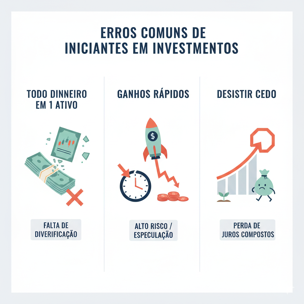 Ilustração educativa sobre erros comuns de quem começa a investir