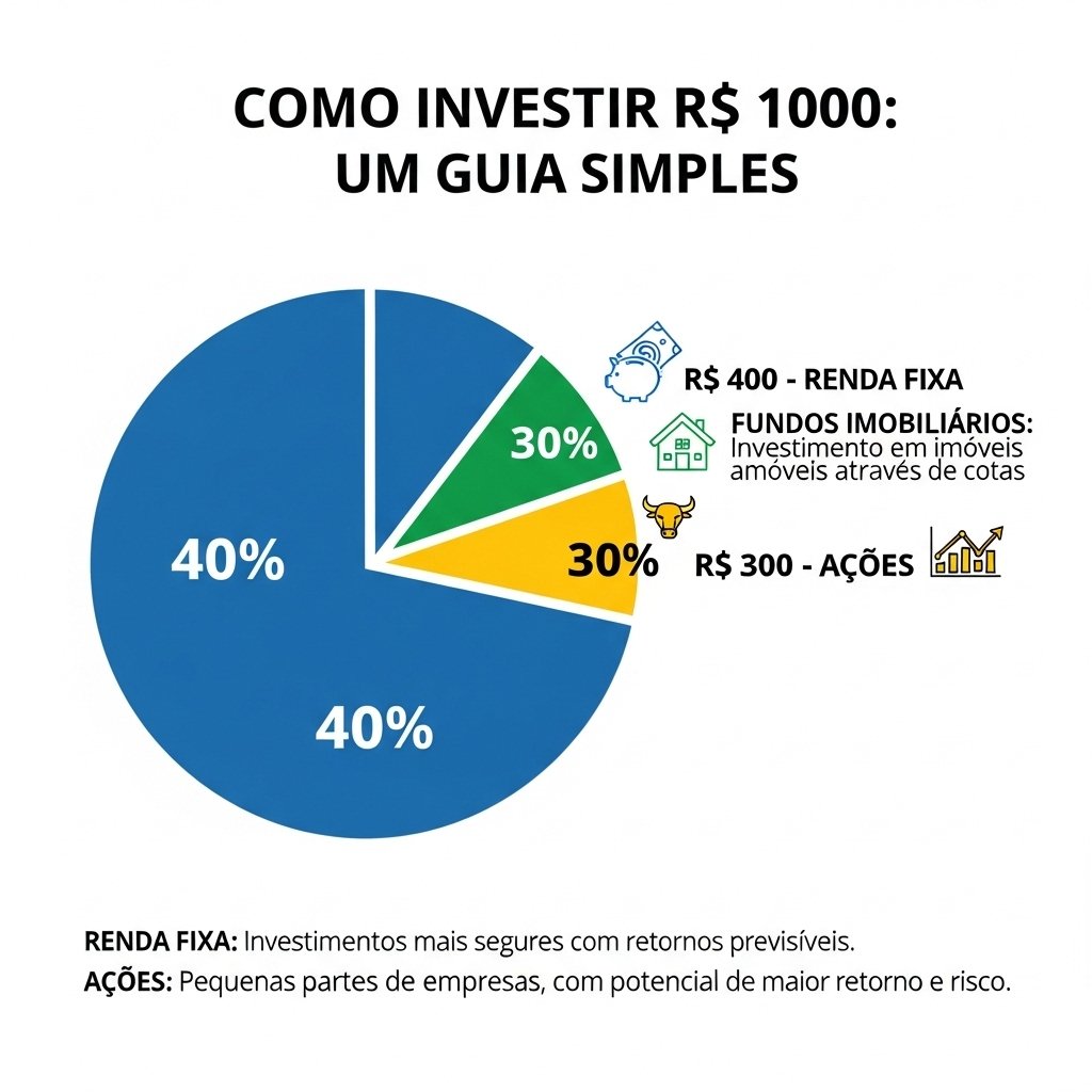 Infográfico mostrando como investir 1000 reais em renda fixa, fundos imobiliários e ações
